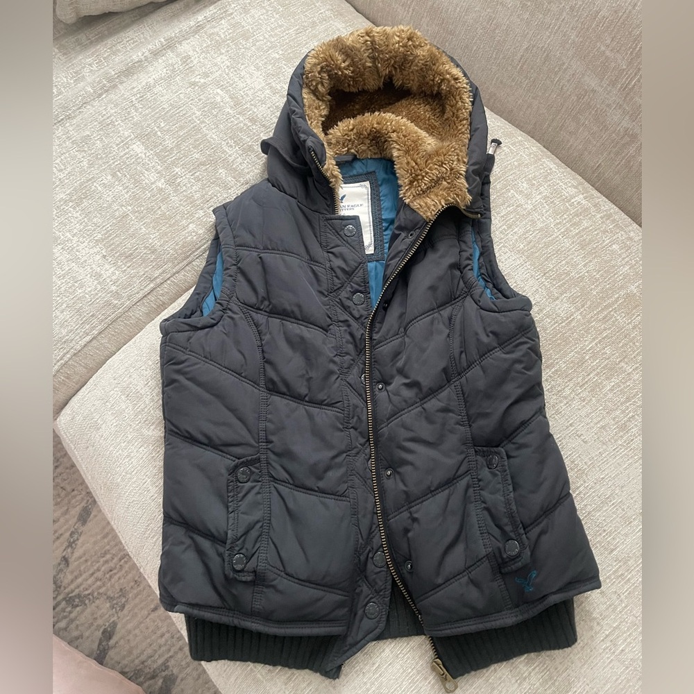 American Eagle Blue Jacket with Faux Fur Lining